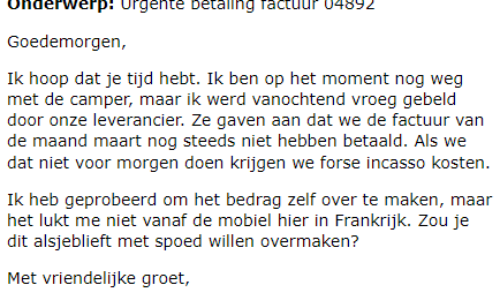 Een voorbeeld van een BEC-aanval via e-mail waarbij het e-mailadres van de baas wordt misbruikt.