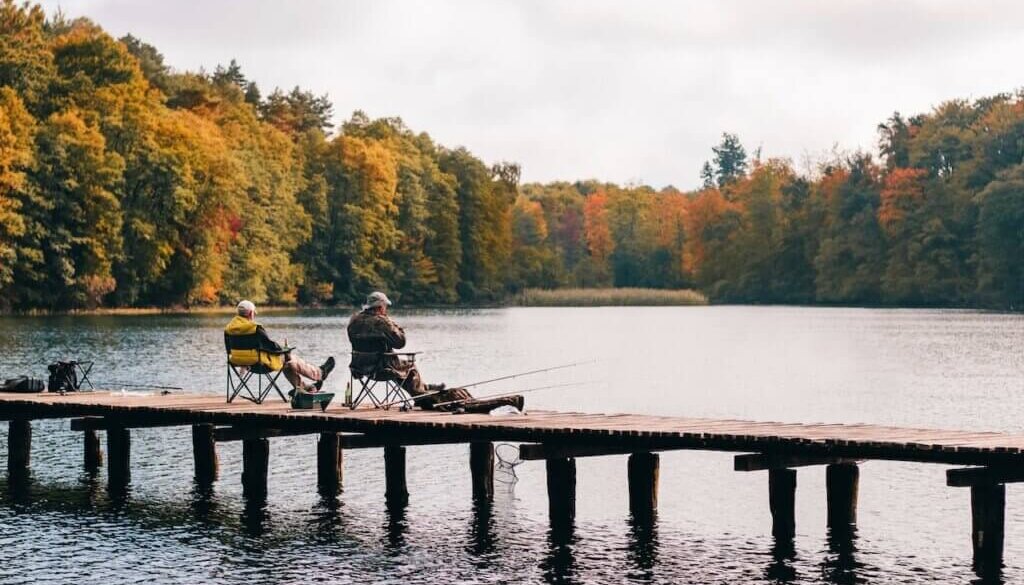 Twee mensen op een pier, aan het vissen. Op de achtergrond een meer en bos in de herfst.