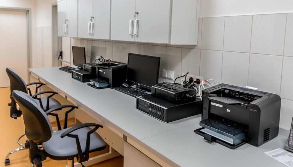 Een lab met meerdere computers en printers op een toonbank voor het veilig en milieuvriendelijk recyclen van printers.